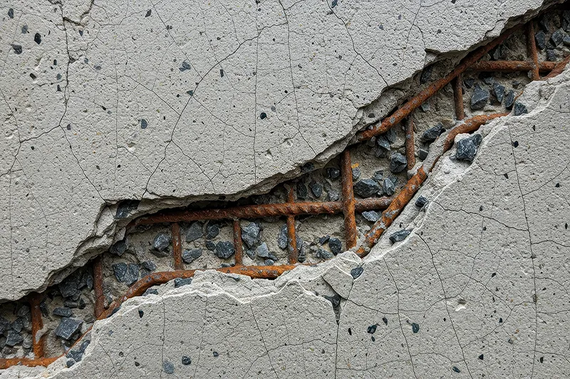 Eine Nahaufnahme von rissigem Beton legt darunter liegende rostige Stahlbewehrungen frei. Graue Steine sind zwischen den Schichten eingebettet und vermitteln einen Eindruck von Verfall und Verschleiß.